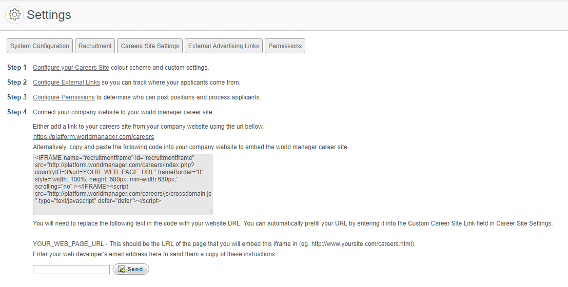 Example of Settings homepage