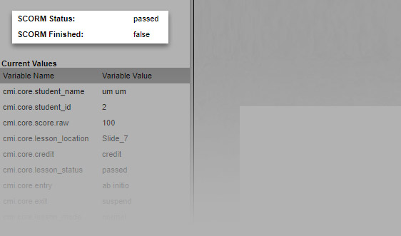 Status and Finish of a SCORM, as seen in the Content Library previewer