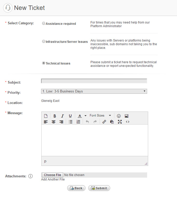Example New Ticket page